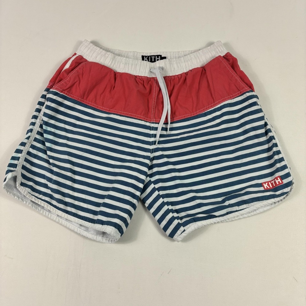 Kith Swim Shorts Mens Small Blue Stripe Just Us Logo Lined Elastic Waist Trunks